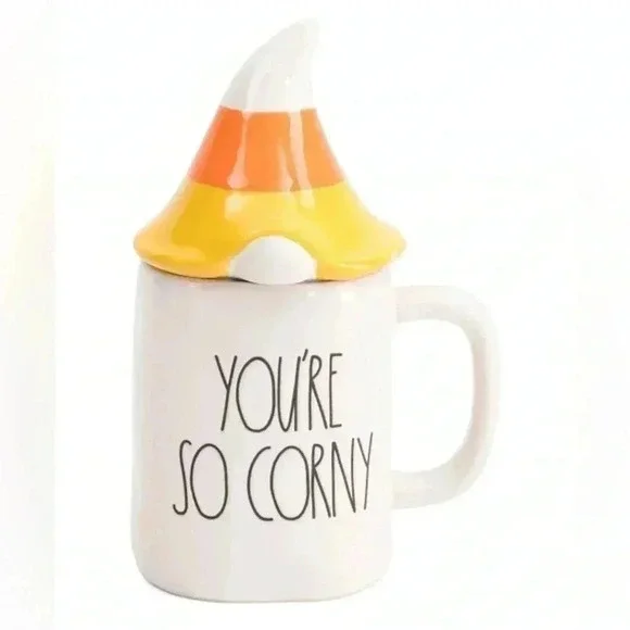🧡💛🤍 NEW Rae Dunn - YOU’RE SO CORNY - Cute Gnome Coffee Mug/Cup with TOPPER 💛 - Picture 1 of 2